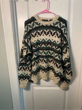 Peter England Vintage Cream & Teal Fair Isle Crewneck Sweater
